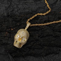 Promotion Collier Pendentif Tête de Mort en Laiton Sertie de Zircone Cubique, Style Hip-Hop Bling pour Hommes, Bijou Tendance pour Fête d'Halloween
