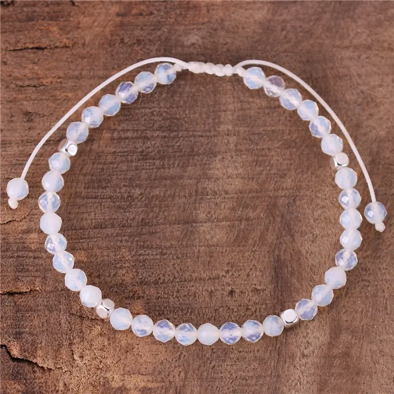Boho 4mm Weiß Opal Perlen Zierliches Armband Edelsteins chnur Geflochtene tibetische verstellbare minimalist ische Armband Frauen Schmuck Großhandel