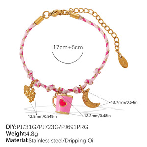 18K Gold Plated Stainless Steel Charm Bracelet <b>Pink</b> <b>Braided</b> Chain Adjustable Pendant Bangle DIY Jewelry Gift - Product Image 3