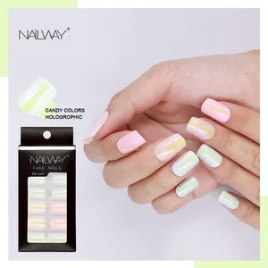 Nhà Máy Holographic False Nail Art 24 Cái/bộ Ngọt Màu Nails ABS Báo Chí Trên Móng Tay Nhân Tạo