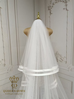 QUEENSGOWN Simple Élégant Voile De Mariée Ivoire À Deux Couches Avec Double Ruban De Satin Bord Mariage De Mariée Long Train Voile Avec Peigne