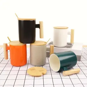 Factory Wholesale Office 350Ml Minimalism Non-Toxic Ceramic Coffee Mug With Spoon And Wooden Lid