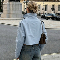 Blouson coupe courte croisé sur mesure OEM pour femme, col montant, en sergé bleu clair, coupe-vent, vêtement d'extérieur