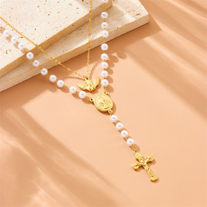 European American Style Oval Pearl <b>Rosary</b> <b>Necklace</b> With Angel Cross Stainless Steel Religious Jewelry Unisex - Product Image 2