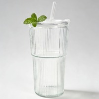 Gobelet en verre côtelé vertical avec couvercle et paille, tasse transparente pour café glacé, latte, lait, jus, maison, bureau