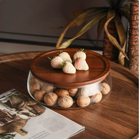 Mangkuk Buah Kaca Gaya Jepang Grosir dengan Alas Kayu, Kotak Penyimpanan Kacang yang Dapat Ditumpuk, Piring Buah Kering untuk Dekorasi Ruang Tamu