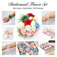 Corsage Pergelangan Tangan Ikat Tangan dengan Mawar Palsu Pink, Baby Breath, Hijauan, dan Pita Organza untuk Pengiring Pengantin, Pengantin, Aksesoris Pernikahan, Dekorasi