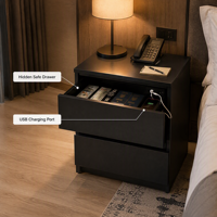 Mesa de Noche de Madera con Cajón Secreto con Caja Fuerte, Puerto de Carga USB y Almacenamiento de Doble Cajón para Dormitorio u Hotel