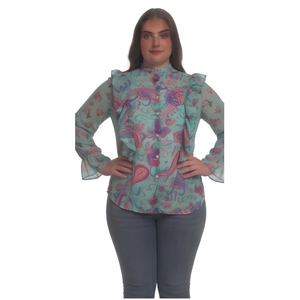 Women's Bohemian Chiffon Blouse With Ruffles Mandarin Collar Full Sleeve Paisley Print Loose Fit Spring Summer <b>Top</b> - Product Image 1
