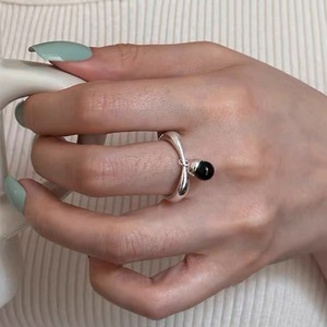 S925 Sterling Silver Black Agate Bead Pendant <b>Open</b> <b>Ring</b> Minimalist Index Finger Jewelry Unisex Gift - Product Image 4
