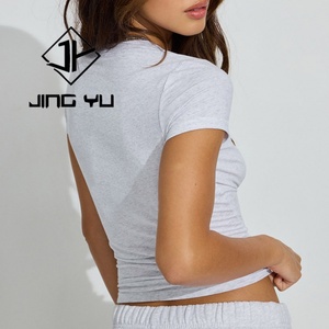 T-shirts courts pour femmes à manches raglan avec logo personnalisé, hauts courts à manches courtes contrastées - Product Image 4