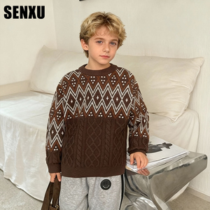 <span class=keywords><strong>Pull</strong></span> en tricot à col rond pour garçon, épais, respirant, à carreaux, pour l'hiver - Product Image 1