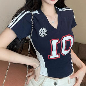 Women's <b>Summer</b> Regular Shoulder Short Sleeve T-<b>Shirt</b> V-Neck Cropped Top Unique Preppy Style Sports Jersey - Product Image 4