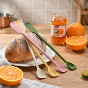 Ensemble spatule et cuillère en silicone 4 couleurs, 26 cm, manche long, double extrémité, pour le beurre, le pain, la crème et la préparation culinaire - Product Image 1