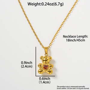 Collar con Colgante de Oso de Peluche con Corazón Rojo y Gema, de Lujo, Personalizable con Grabado, en Acero Inoxidable 316L, Chapado en Oro de 18K, con Cadena Fina Tipo Clip - Product Image 6