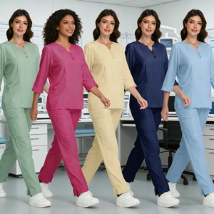 Women Medical <b>Scrub</b> <b>Set</b> Mid Sleeve V Neck Button Down Uniform Moisture Wicking For Pet Hospital Use - Product Image 4
