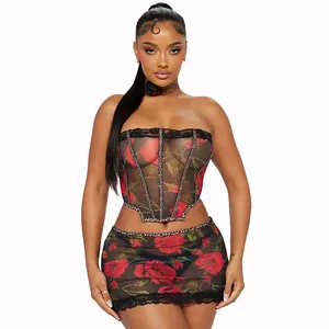 Rose Petals All Over Me 3 Piece Set Black Red Corset Tops For Women