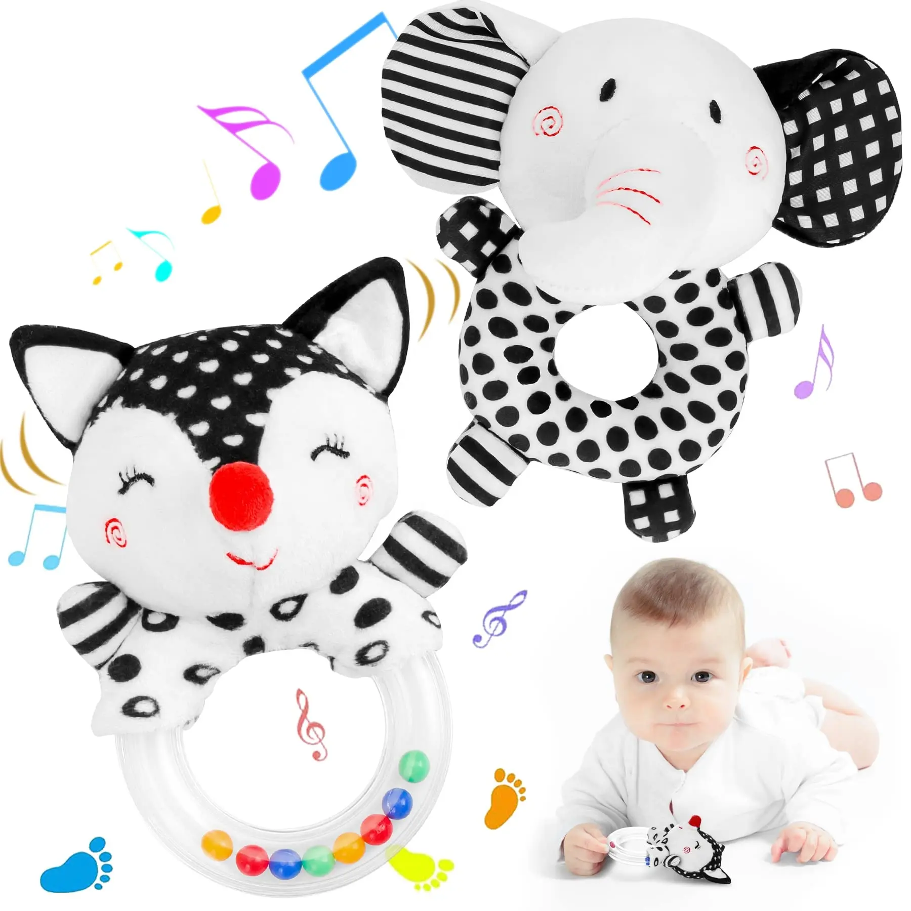 ของเล่นเด็กทารกที่เขย่าแล้วมีเสียงนุ่มสำหรับทารกแรกเกิด0-6เดือนของเล่นฝึกประสาทสัมผัสความคมชัดสูงสีดำและสีขาวของเล่นตุ๊กตาผ้ากำมะหยี่