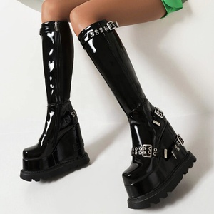 Super High Wedge <b>Heel</b> Women's Long Boots Bright Patent Buckles Knee-high Booties Thick Sole Winter Platform Shoes - Product Image 2