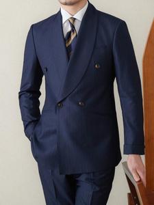 Abito da uomo slim fit retrò blu navy a righe, doppiopetto con collo a scialle, per matrimonio o affari - Product Image 5