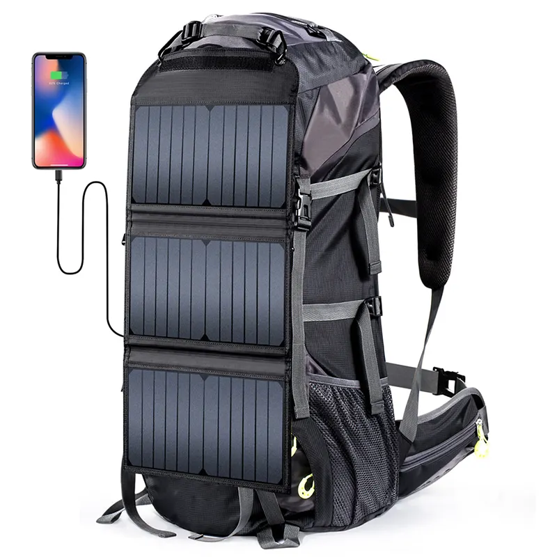 best selling solar panel backpack waterproof climbing bag 68L Hiking backpack with 20w Solar panel