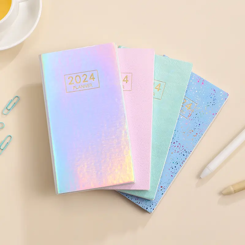 A6 Softcover Pu kulit Notebook 2024 Diary mingguan bagus jurnal kustom perencana kualitas tinggi kertas Agenda dengan sampul berkilau