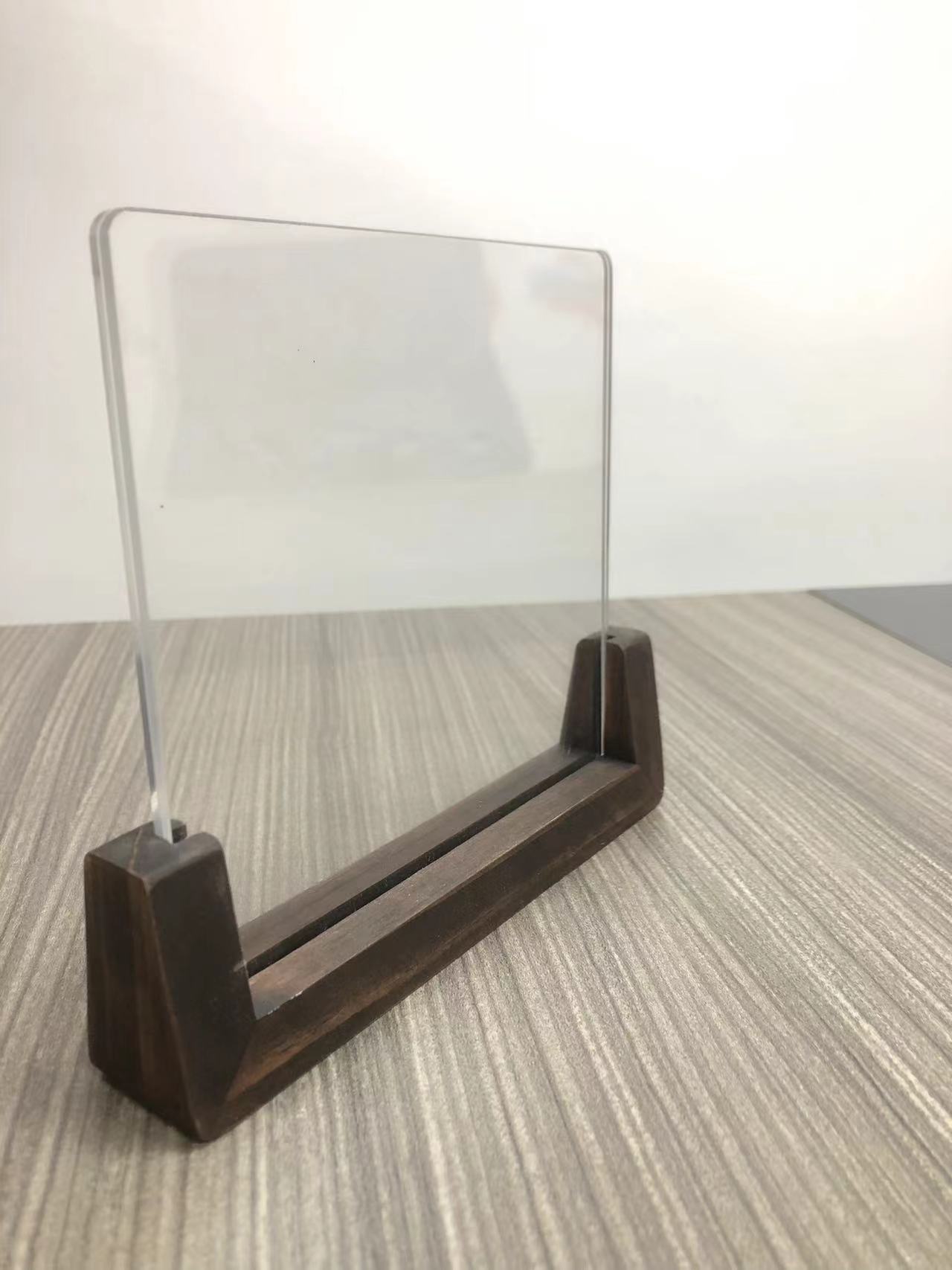 Transparent Acrylic Menu Stand with a Wooden Counter Top Shelf, Ideal for Restaurants and Hotels. — view 3