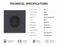 Série d'interrupteurs et de prises murales en PC noir mat au toucher doux, de style européen, avec prise Schuko et prise USB Type C