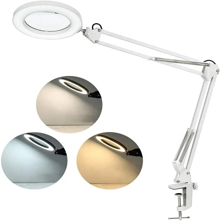 Lampe loupe LED 3 modes, lampe de bureau à pince en métal, luminosité réglable lampe de laboratoire, loupe de 5 w