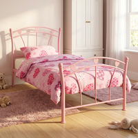 Lit double moderne en métal rose avec tête de lit en forme de cœur, structure de lit en fer robuste pour enfants