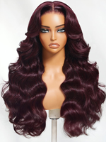 Perruque en cheveux humains à dentelle frontale 13x4, ondulation naturelle, noire cerise, pré-attachée, sans colle, avec frange encadrant le visage pour femmes noires