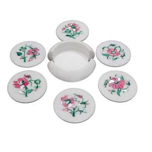 White Marble Inlay Coaster Mother Of Pearl Shell Inlay Coaster Pietra Dura Pearl Coaster Set <b>Tea</b> Coaster Drinkware & Barware - Product Image 3