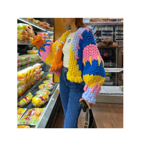 custom girls knitted Color Block Rainbow Knitted Cardigan Top Coat Women's Autumn and Winter Hand Knitting Thick Crochet Sweater