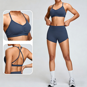 Soutien-gorge de sport rembourré à col en V froncé et dos croisé pour femme, séchage rapide, pour yoga, entraînement et course à faible impact – Vente en gros - Product Image 3