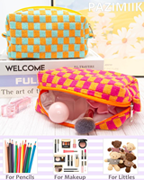 Sac de rangement portable à grande capacité avec fermeture éclair, motif échiquier, en tissu gaufré doux et moelleux, idéal pour cosmétiques et articles de toilette – Nouvelle collection tendance