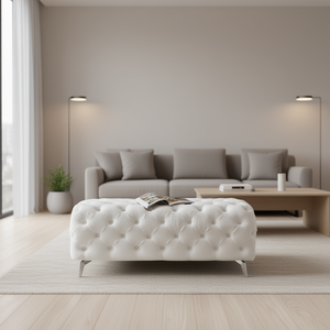 Panca Ottomana Bianca in Velluto Trapuntato con Bottoni, Poggiapiedi Imbottito per Ingresso, Soggiorno, Camera da Letto, Sgabello Moderno - Product Image 2