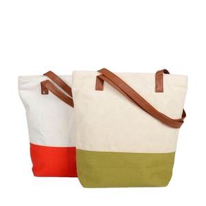 Promotional Customized Spliced Canvas Cotton Ladies <b>Beach</b> <b>Tote</b> Bags with Brown PU Handle - Product Image 6