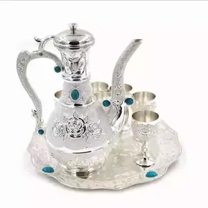उभरा चाय ट्रे के साथ सेट, ऊंचाई 22cm ग्लास चायदानी और कप सेट, अरबी काम प्राचीन तुर्की कॉफी पॉट