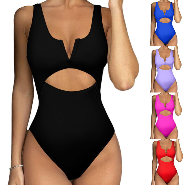 New Arrivals Women's Swimsuit Solid Pattern Color Hollow Out Backless Sexy Push up One-Piece Thong Bottom Swimsuit