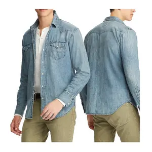 Grote Kwaliteit Groothandel Custom Lange Mouwen Slim Fit Gewassen Jeans Denim Shirts Voor Mannen