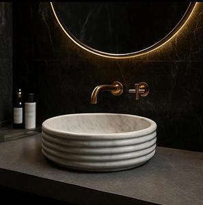 Luxury Fluted <b>Round</b> Marble Vessel Sink Handmade Natural Stone Countertop Bathroom Wash <b>Basin</b> - Product Image 6