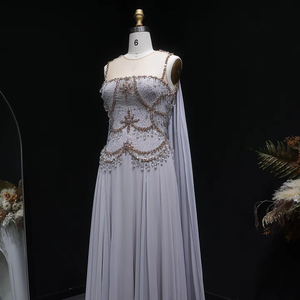 Jancember LSZ517 Abito da Sera di Lusso Grigio in Chiffon, Vestito da Cerimonia con Perline e Mantella - Product Image 3