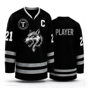 Maillot de hockey sur glace noir pour homme, manches longues, col en V, motif loup sublimé, évacuation de l'humidité, 100 % polyester, maille respirante, séchage rapide, coupe classique - Product Image 1