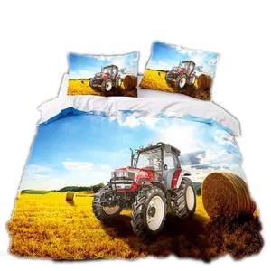 Boys Tractor Printed Bedding Set Men Construction Cars Pattern for Kids Heavy Machinery Vehicles Duvet Cover Comforter Cover