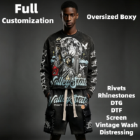 T-shirt personnalisé à manches longues pour homme, style Y2K Streetwear, avec rivets et strass, coupe épaisse et vieillie, graphique, oversize et coupe carrée