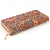 Dompet Koin Ultra Tipis Ramah Lingkungan dari PU Cork dengan Motif Kayu Retro, Kantong Cork Portabel, Dompet Panjang Wanita dengan Ritsleting, Fashion Polyester