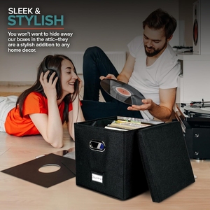 Boîte de <span class=keywords><strong>rangement</strong></span> multi-usages pour disques vinyles avec couvercle en toile et poignée pour plus de 50 LPs, organisateur de collection musicale à domicile - Product Image 6