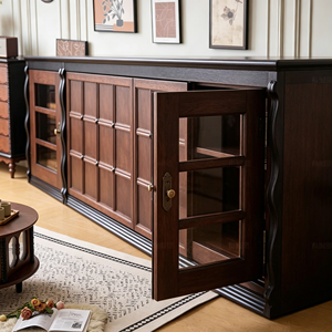 Meuble TV vintage en bois massif avec portes en verre, console multimédia rétro pour salon - Product Image 5