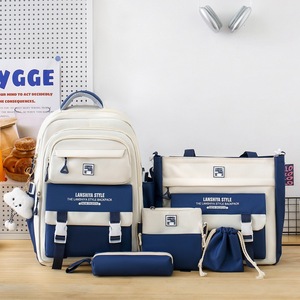 Five-piece Fashion Student <b>Backpack</b> Set Women's Color-Blocked High <b>School</b> Korean-Style Durable Large-Capacity Nylon Campus - Product Image 5