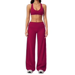 Conjunto de yoga para <span class=keywords><strong>mujer</strong></span> con espalda cruzada, sujetador deportivo, pantalones cortos de ciclista de cintura plegable y pantalones de pierna ancha, conjunto de entrenamiento para gimnasio, pilates y running - Product Image 1